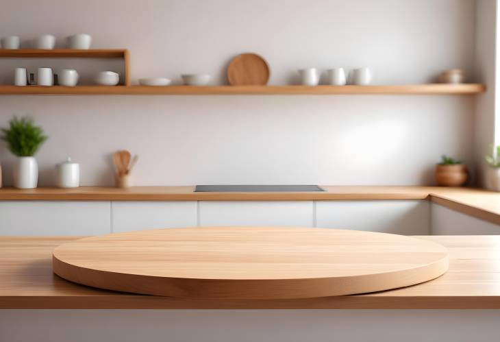 Sleek Round Wood Table top Counter in a Clean, Bright Kitchen Setting Ready for Product Montage and