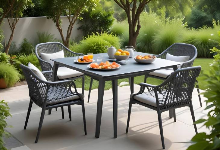 Sleek Slate Gray Outdoor Dining Set with Woven Rope Chairs and Cushions in Verdant Garden