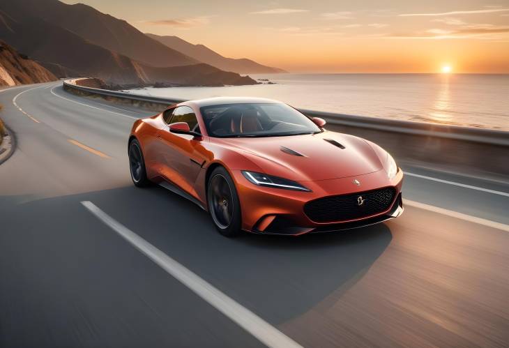 Sleek Sports Car Driving on a Coastal Highway, With Stunning Ocean Views and the Sun Setting