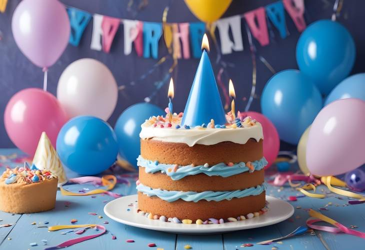 Slice of Birthday Cake with Blue Candle  Balloons