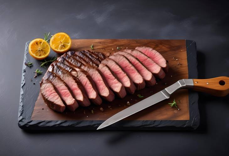 Sliced Grilled Striploin Steak Medium Rare on Slate Board  Copy Space