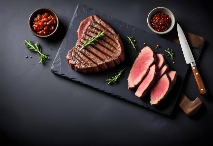 Sliced Grilled Striploin Steak Medium Rare on Slate Board with Copy Space