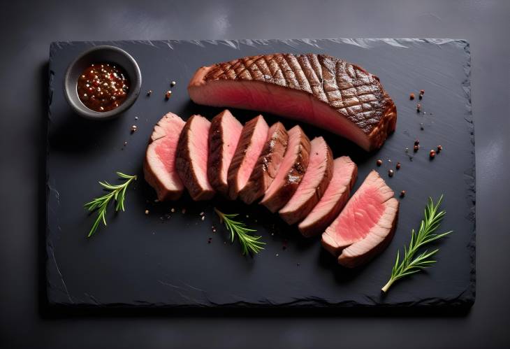 Sliced Grilled Striploin Steak Medium Rare on Slate Board with Copy Space