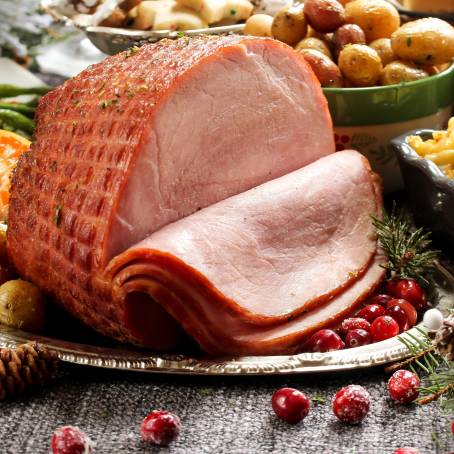 Sliced Holiday Ham with Glaze on Christmas Dinner Table