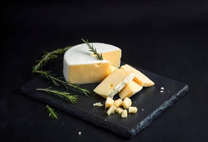 Sliced Maasdam Cheese with Rosemary on Slate Board Black Background Serving