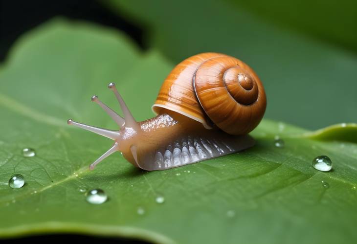 Small Brown Snail Crawling on Green Leaf with Abstract Water Drops