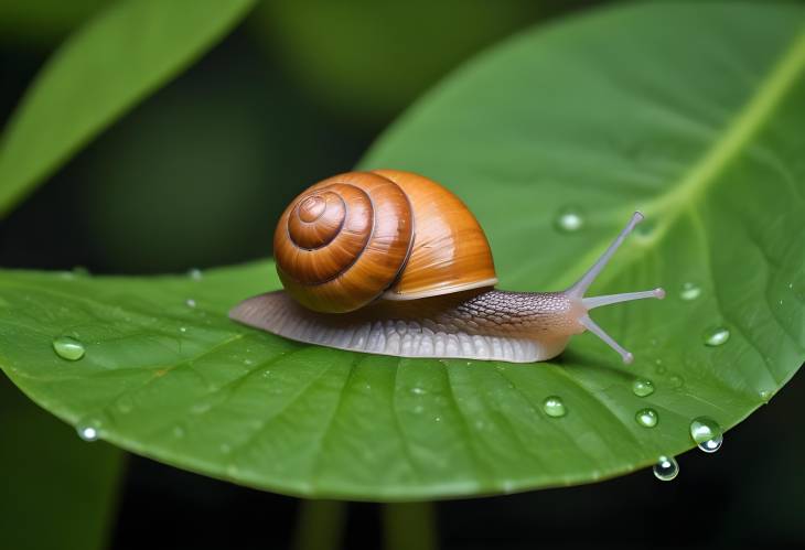 Small Brown Snail Crawling on Green Leaf with Abstract Water Drops