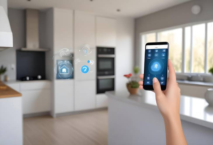 Smart Home App Interface on Smartphone in Woman Hand with Blurry Kitchen Background. IoT Technology