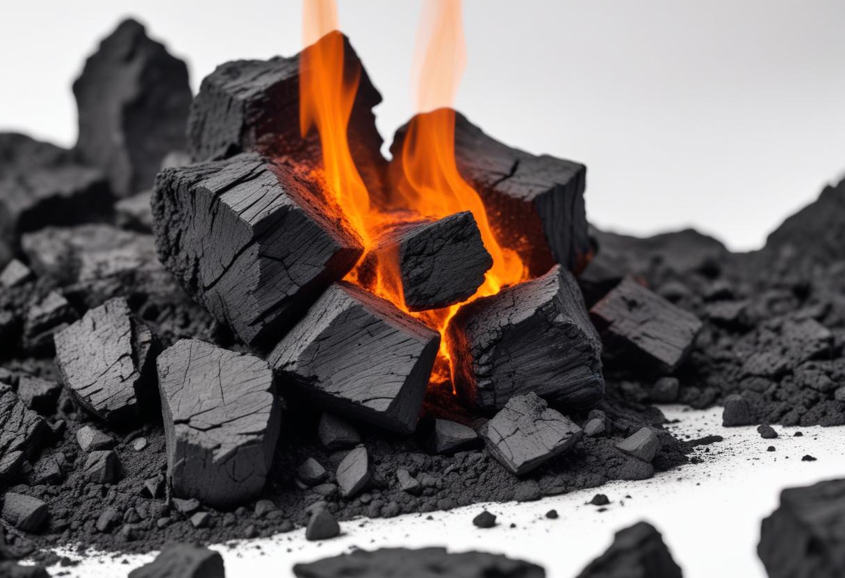 Smoldering Coal Piece on White Background Close Up Detailed Scientific Image