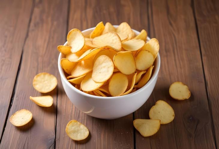 Snack Time Golden Potato Chips in White Bowl for Beer and Pub Promotions