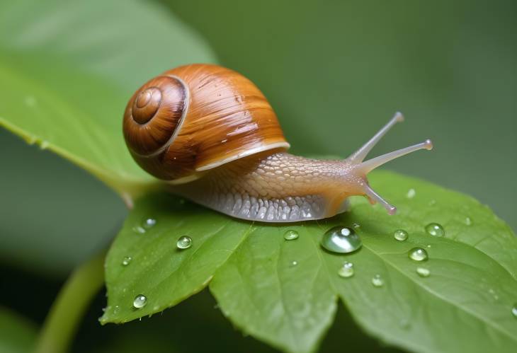 Snail Crawling on Leaf with Abstract Water Drops