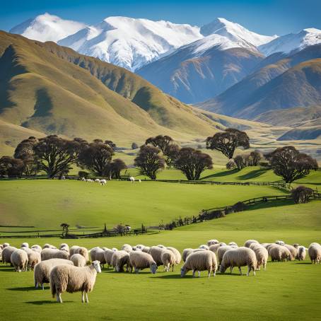 Snow Capped Mountains and Grazing Sheep A Pastoral New Zealand Landscape