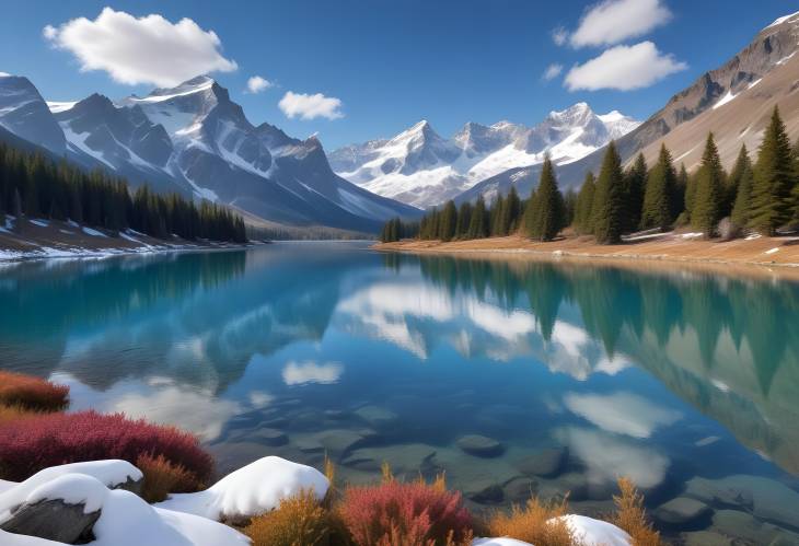 Snow Capped Peaks and Blue Lake with Rolling Meadows