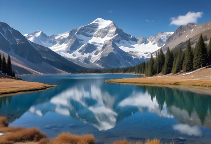 Snow Capped Peaks and Clear Blue Lake at Base