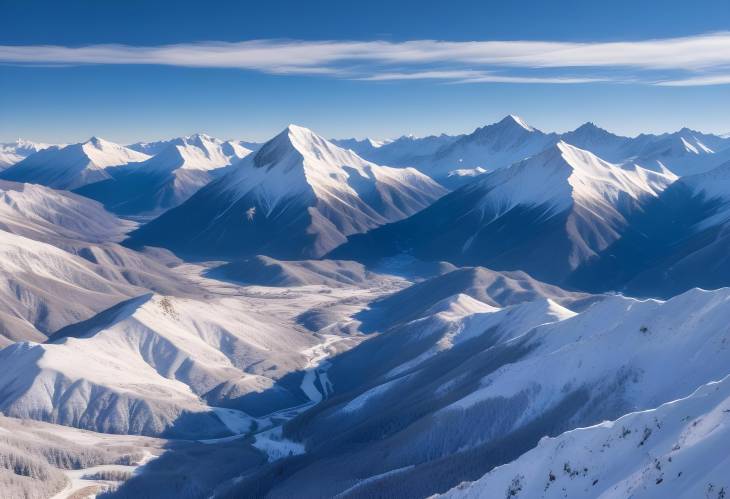 Snow Capped Peaks with Clear Blue Sky and Valley