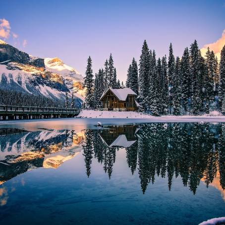 Snow Covered Beauty at Emerald Lake Winter Lodge Glowing Amid Rocky Mountains