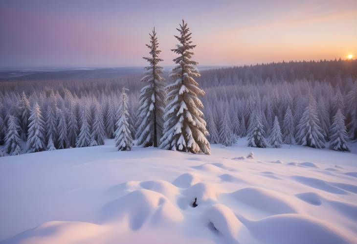 Snow Covered Norway Spruce Forest at Thuringian Sunset