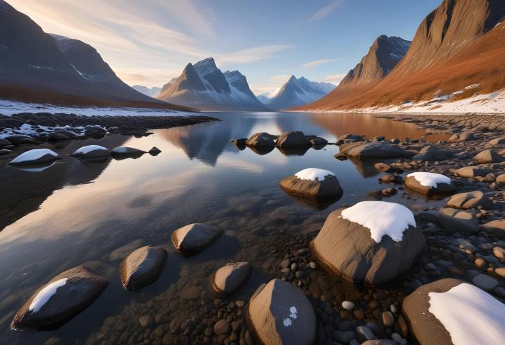 Snow Covered Peaks and Rocky Beach at Tungeneset