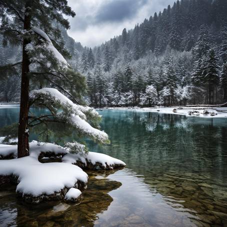 Snow covered pine tree reflected in the serene waters of Mirror Lake, Jiuzhaigou