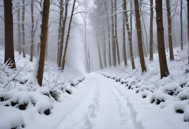 Snow Covered Winter Path in a Tranquil Forest with a Serene Atmosphere and Gentle Snowfall