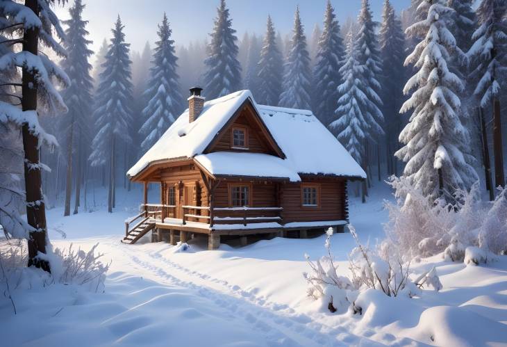 Snow Covered Wooden House in Winter Forest Charming and Serene Setting