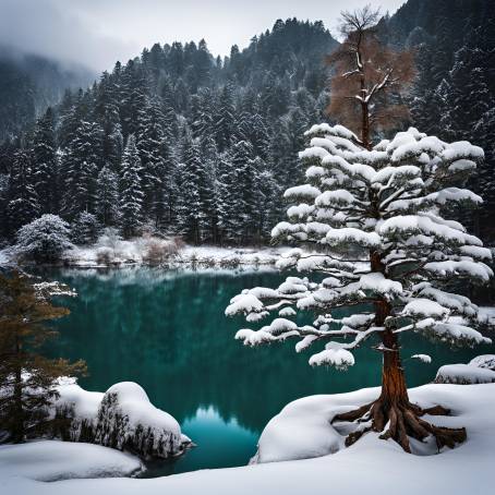 Snow dusted pine tree reflecting on Mirror Lake in Jiuzhaigous winter beauty