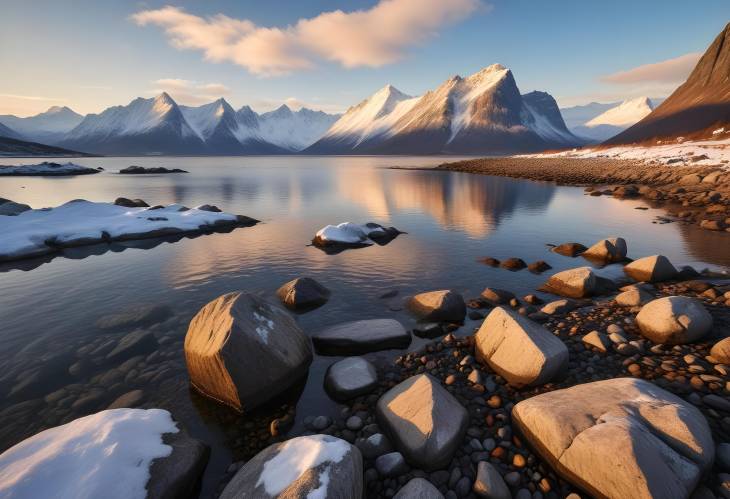 SnowCapped Tungeneset Peaks and Rocky Beach