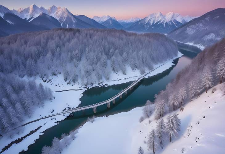 Snowcovered Sylvensteinsee and FallerKlamm bridge under evening light, Karwendel mountains, Bavar