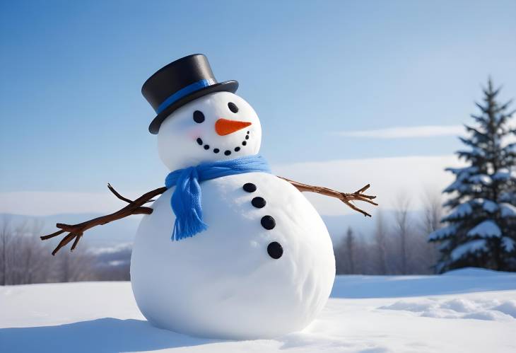 Snowman Enjoys a Sunny Winter Day Under Blue Skies