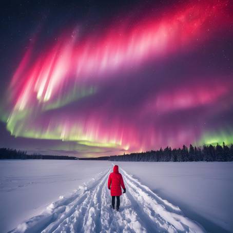 Snowy Field with Red Flashlight Wielding Tourist and Aurora Borealis  Captivating Winter Night Land