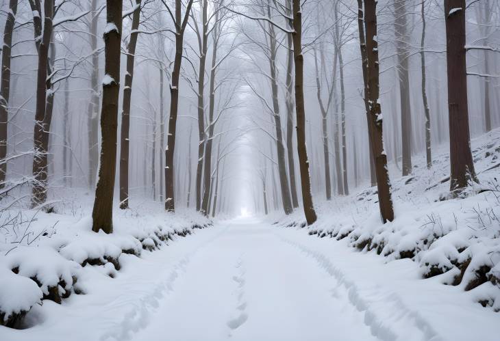 Snowy Forest Pathway in a Serene Winter Landscape with Gentle Snowfall and Tranquil Setting