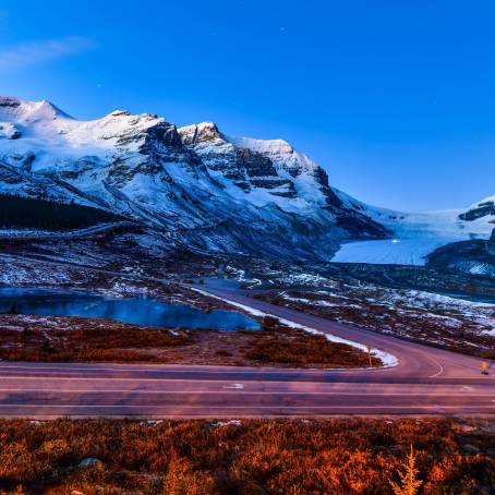 Snowy Highway into Athabasca Glacier in Jasper National Park, Alberta, Canada