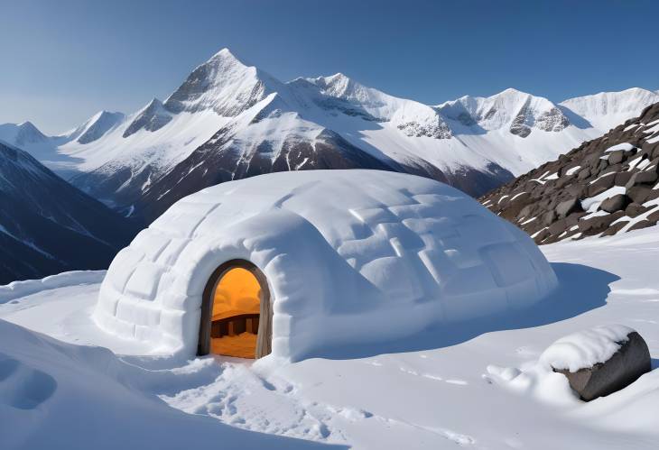 Snowy Igloo in High Mountain Terrain Classic Ice Shelter Amidst Winter Peaks