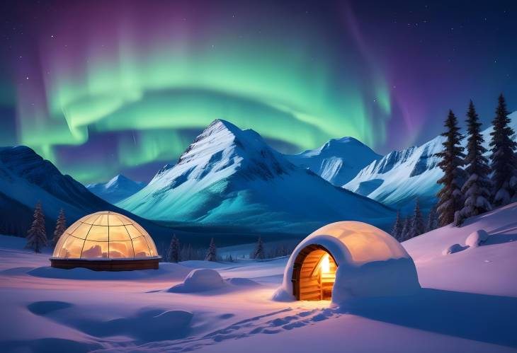 Snowy Igloo Under Aurora Borealis Glowing Northern Lights Over Winter Mountains and Igloo