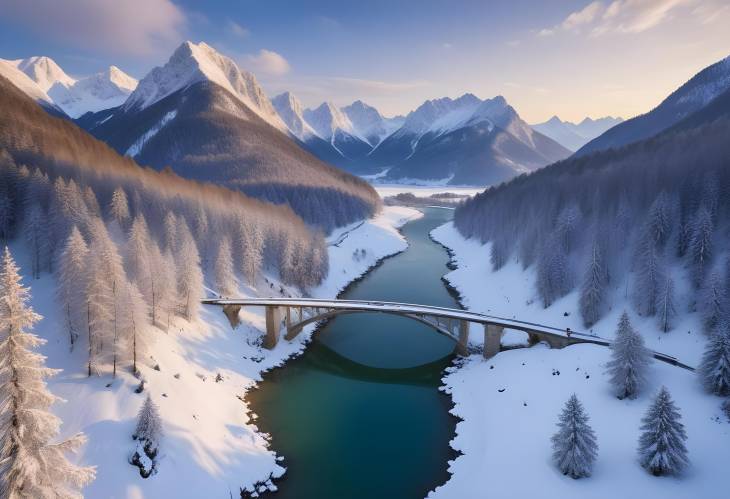 Snowy Karwendel mountains and Sylvensteinsee under evening light, captured by drone, Upper Bavaria