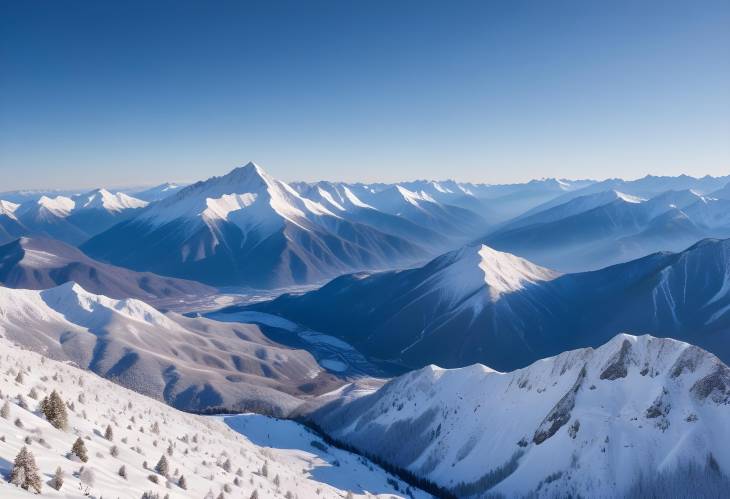 Snowy Mountain Vista with Clear Sky and Valley