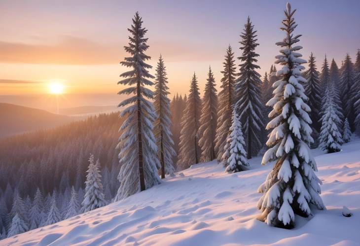 Snowy Norway Spruce Forest at Sunset in Thuringia