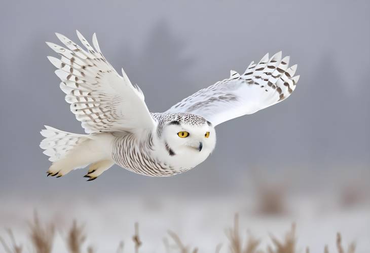 Snowy Owl Flying Against Hesses Winter Backdrop