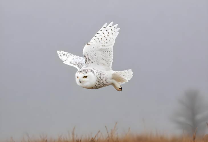 Snowy Owl Flying Over Snowy Landscape in Hesse