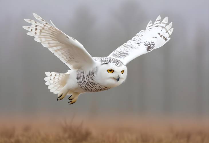 Snowy Owl in Action Above Hesses Snow Covered Forest