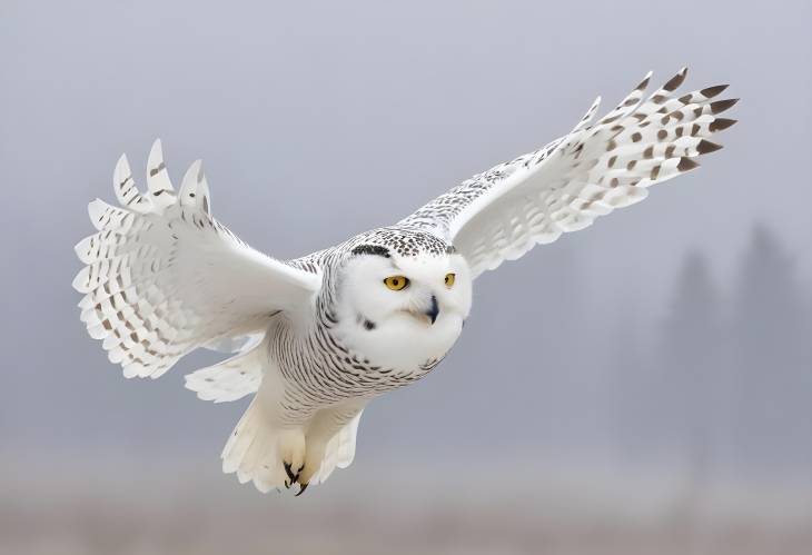 Snowy Owl in Flight Across Hesses Snowy Terrain