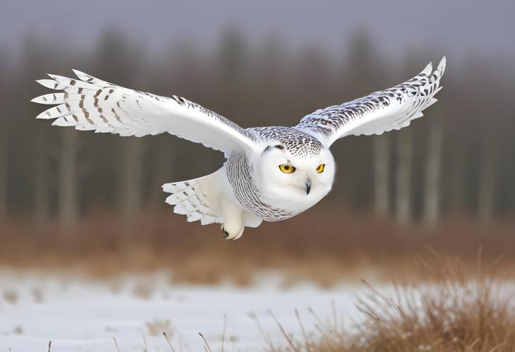 Snowy Owl in MidFlight Over Hesses Winter Forest