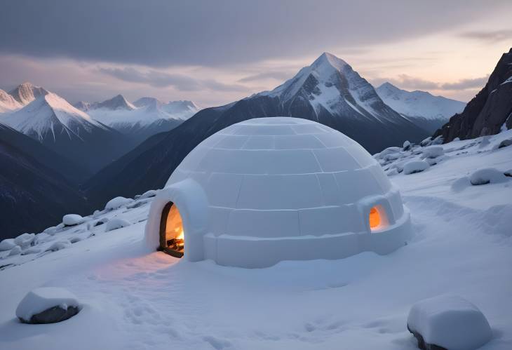 Snowy Peak Igloo Winter Mountain Landscape with Traditional Ice Shelter at High Altitude