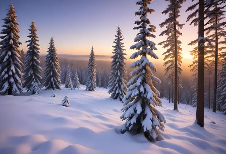 Snowy Sunset in Norway Spruce Forest, Thuringia