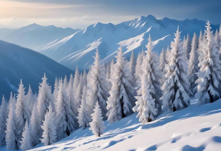 Snowy Trees and Winter Mountains in a Picturesque Winter Landscape