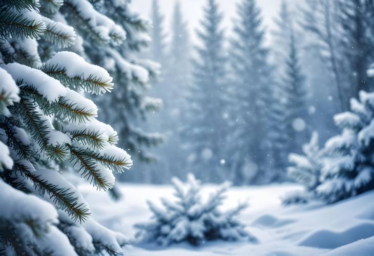 Snowy Winter Background with Spruce Branches and Copy Space