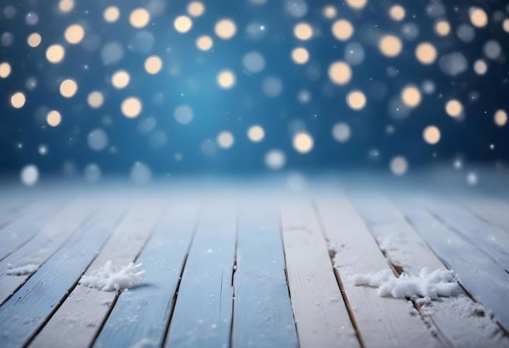 Snowy Winter Background with Wooden Flooring and Snowflakes