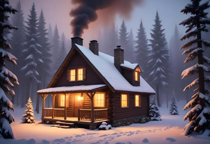 Snowy Winter Cabin with Cozy Interior Smoke Rising, Gentle Snowfall, and Warm Glow