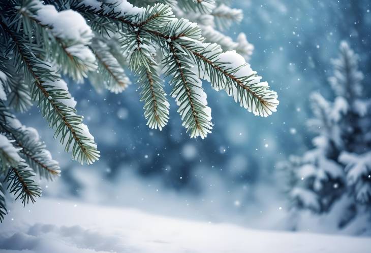 Snowy Winter Christmas Background with Snow Covered Spruce and Copy Space