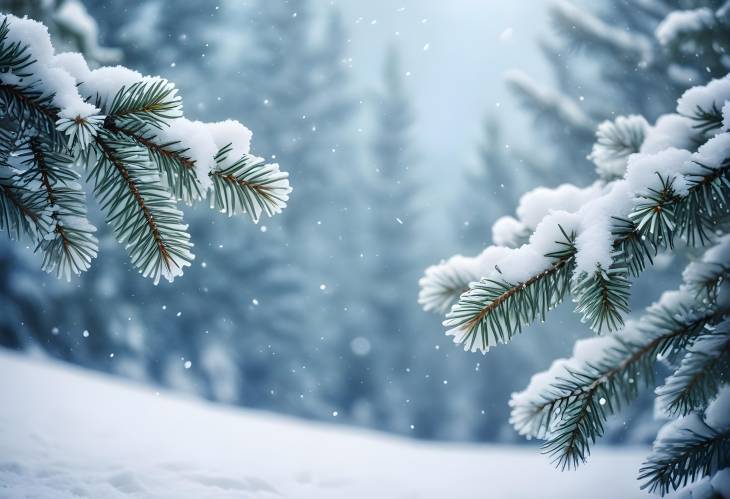 Snowy Winter Christmas Background with Spruce Branches and Copy Space